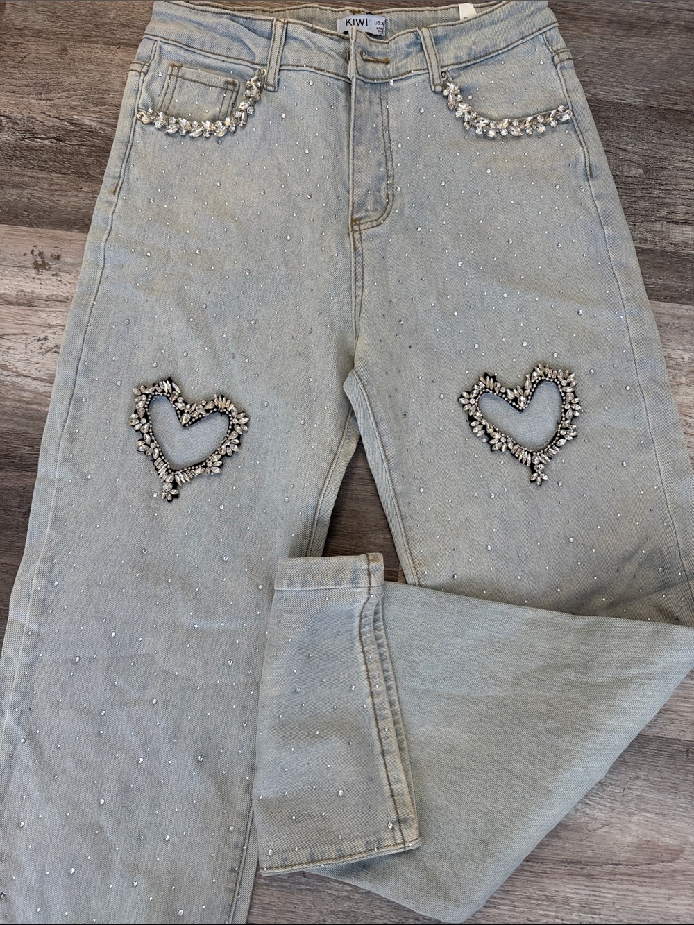 Kiwi Light Blue Straight Leg Jeans with Beaded Hearts